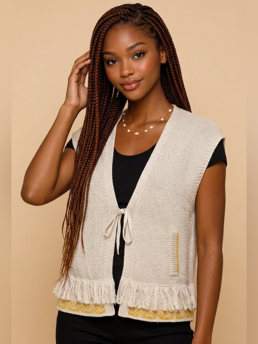 Massimo Dutti BoHo Cream Fringe Tie-Front 100% Cotton Knit Vest-NWT Size L